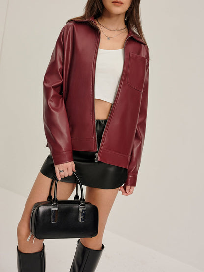 Blouson Cuir Similicuir Rouge Bordeaux