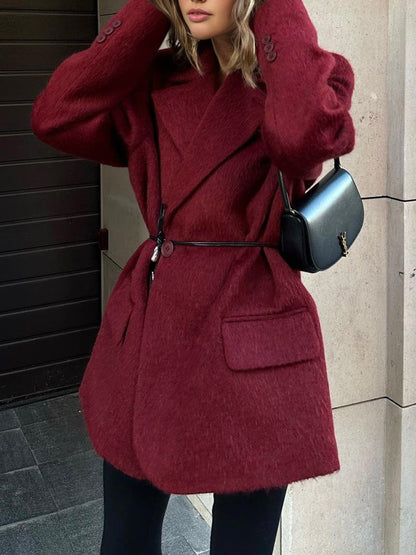 Manteau Hiver Rouge Taille Grande en Laine avec Ceinture