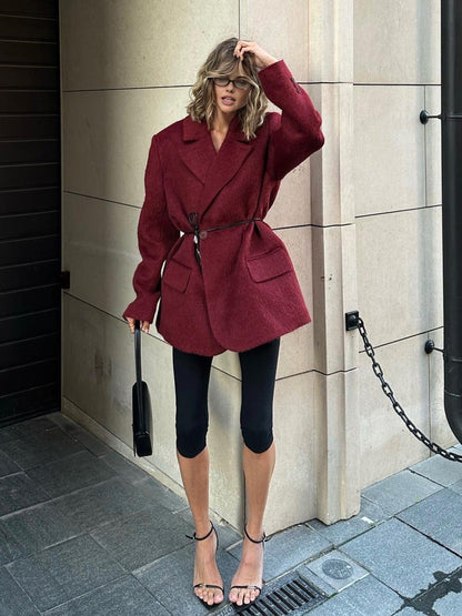 Manteau Hiver Rouge Taille Grande en Laine avec Ceinture