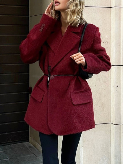 Manteau Hiver Rouge Taille Grande en Laine avec Ceinture
