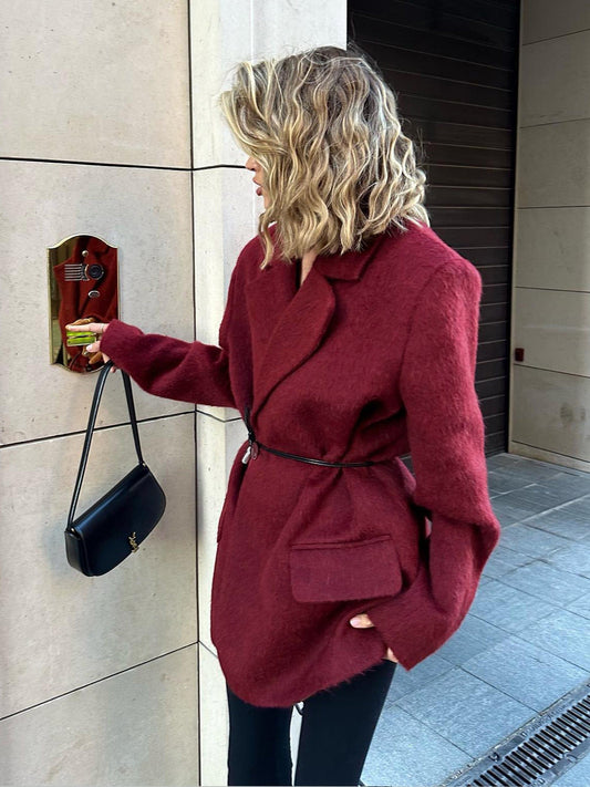 Manteau Hiver Rouge Taille Grande en Laine avec Ceinture - BerlinGlamour