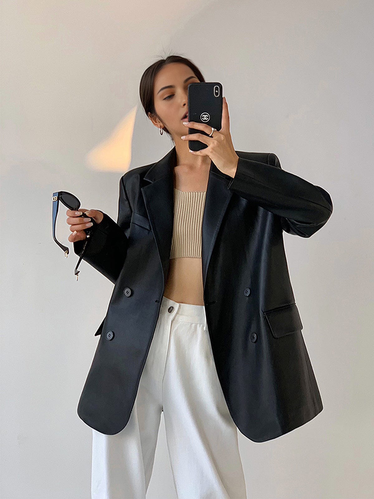 Blazer femme en cuir synthétique avec col cranté