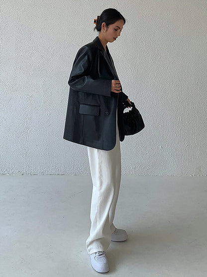 Blazer femme en cuir synthétique avec col cranté