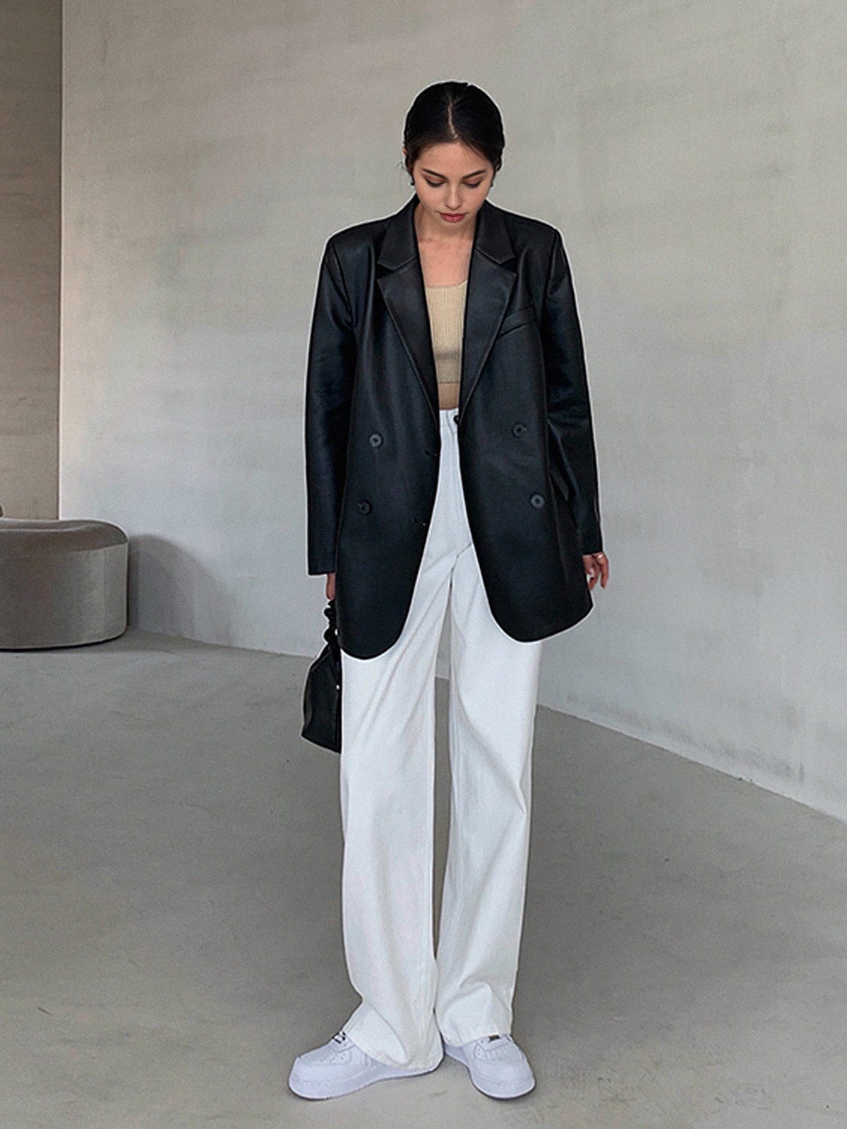 Blazer femme en cuir synthétique avec col cranté