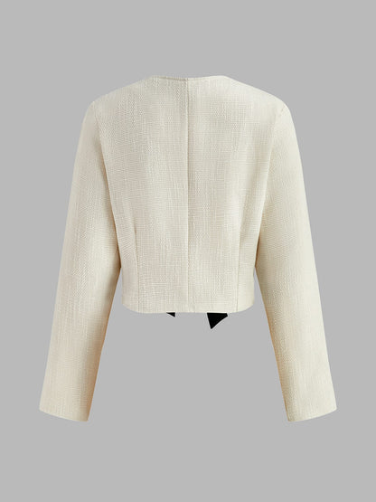 Blazer Tweed Blanc Élégant avec Nœud en Satin Noir