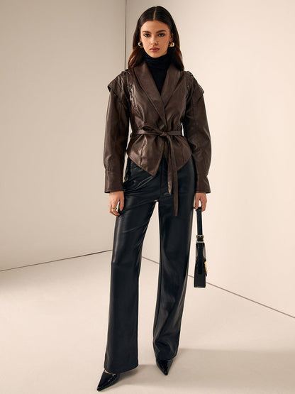 Blazer en cuir ajusté avec ceinture - Élégant et Chic