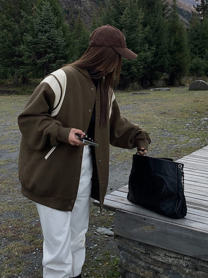 Blouson Varsity Retro Style Rayures et Côtes Élastiques