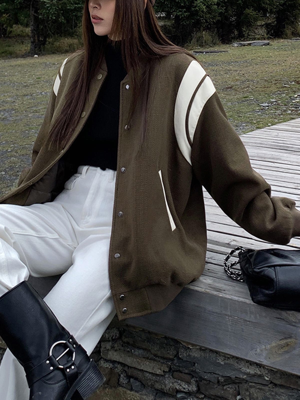 Blouson Varsity Retro Style Rayures et Côtes Élastiques