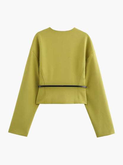 Blazer Femme V Décolleté Élégant avec Ceinture Fine