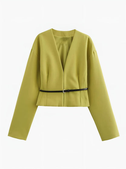 Blazer Femme V Décolleté Élégant avec Ceinture Fine - BerlinGlamour