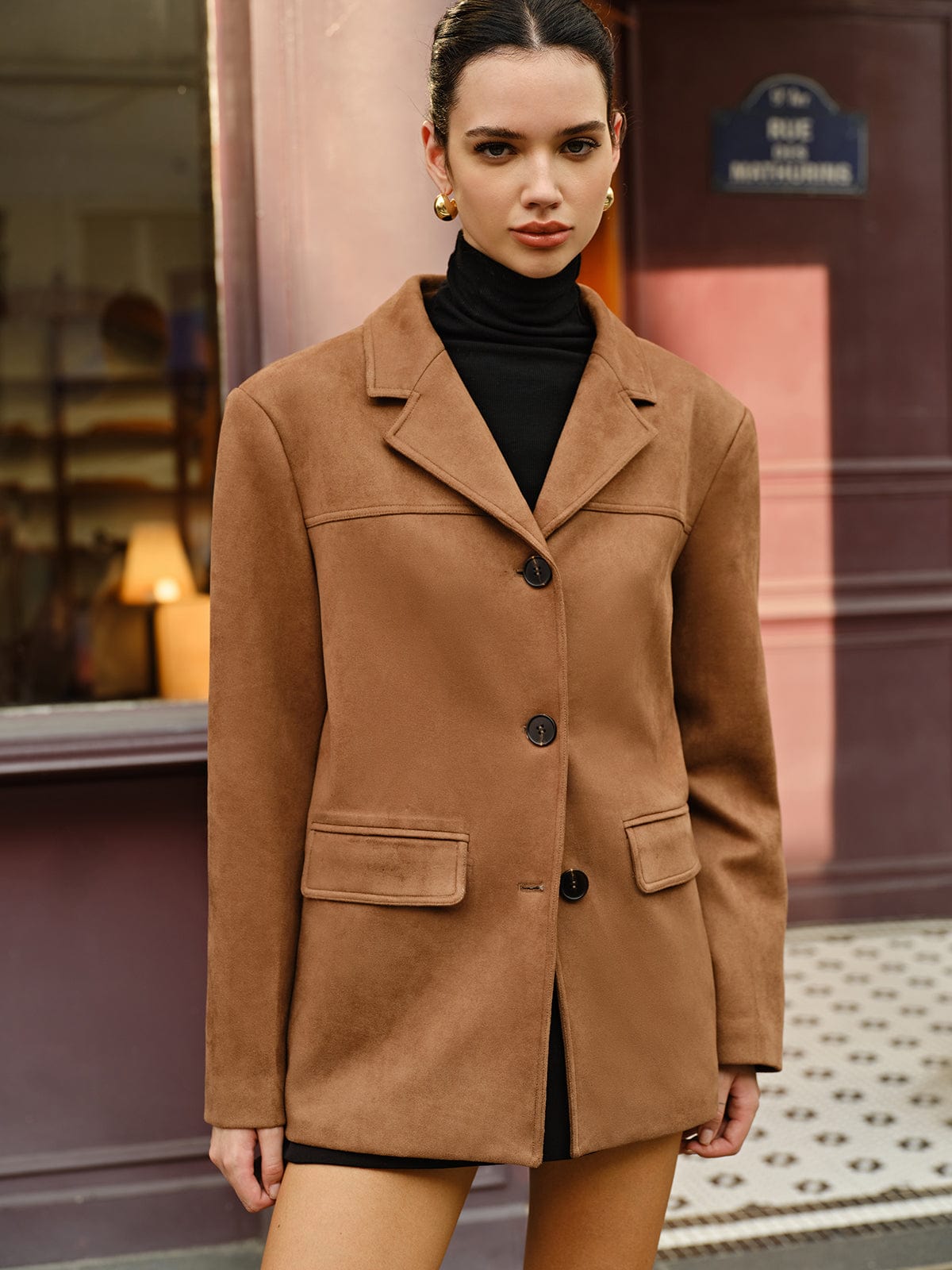 Blazer Femme Cuir Brun Détendu Élégant