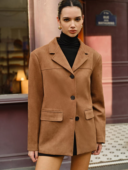 Blazer Femme Cuir Brun Détendu Élégant