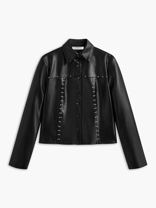 Blouson Noir Cuir Imitation Épaules Boutonnées - BerlinGlamour
