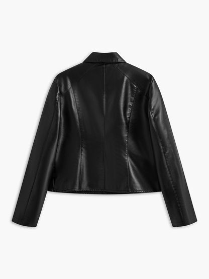 Blouson Noir Cuir Imitation Épaules Boutonnées