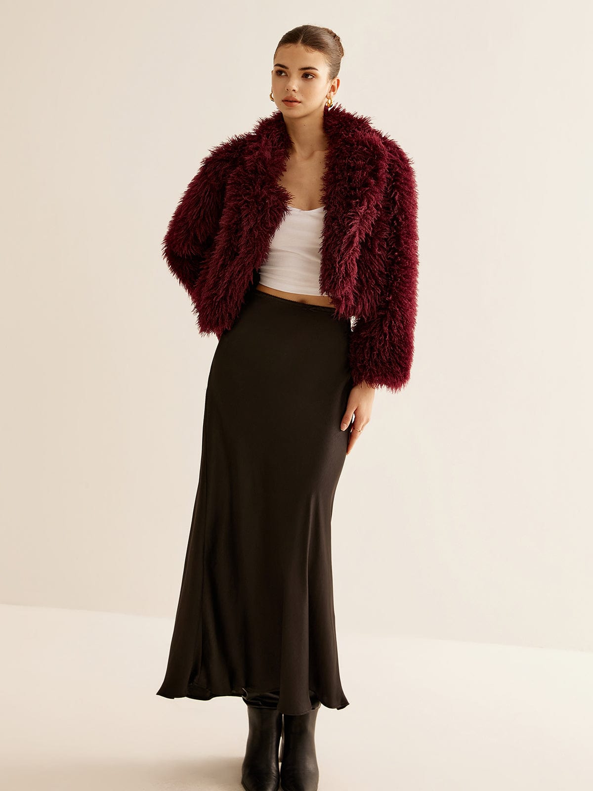 Manteau en Fausse Fourrure Rouge Bourgogne Courte Taille