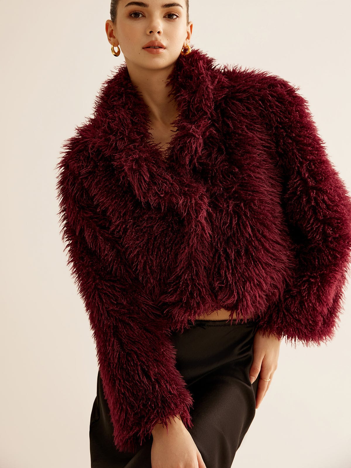 Manteau en Fausse Fourrure Rouge Bourgogne Courte Taille