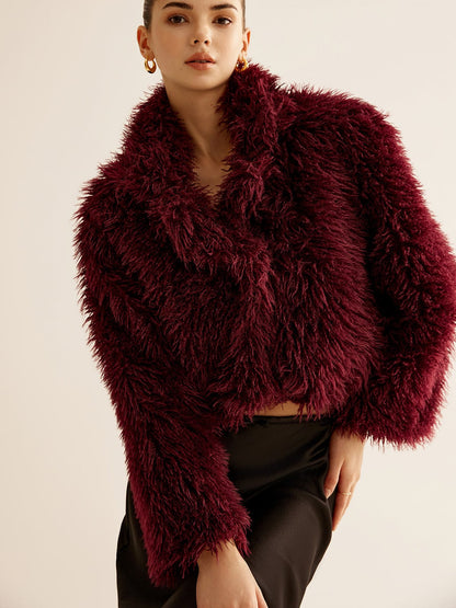 Manteau en Fausse Fourrure Rouge Bourgogne Courte Taille