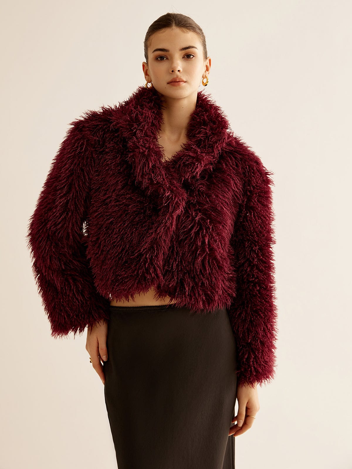 Manteau en Fausse Fourrure Rouge Bourgogne Courte Taille