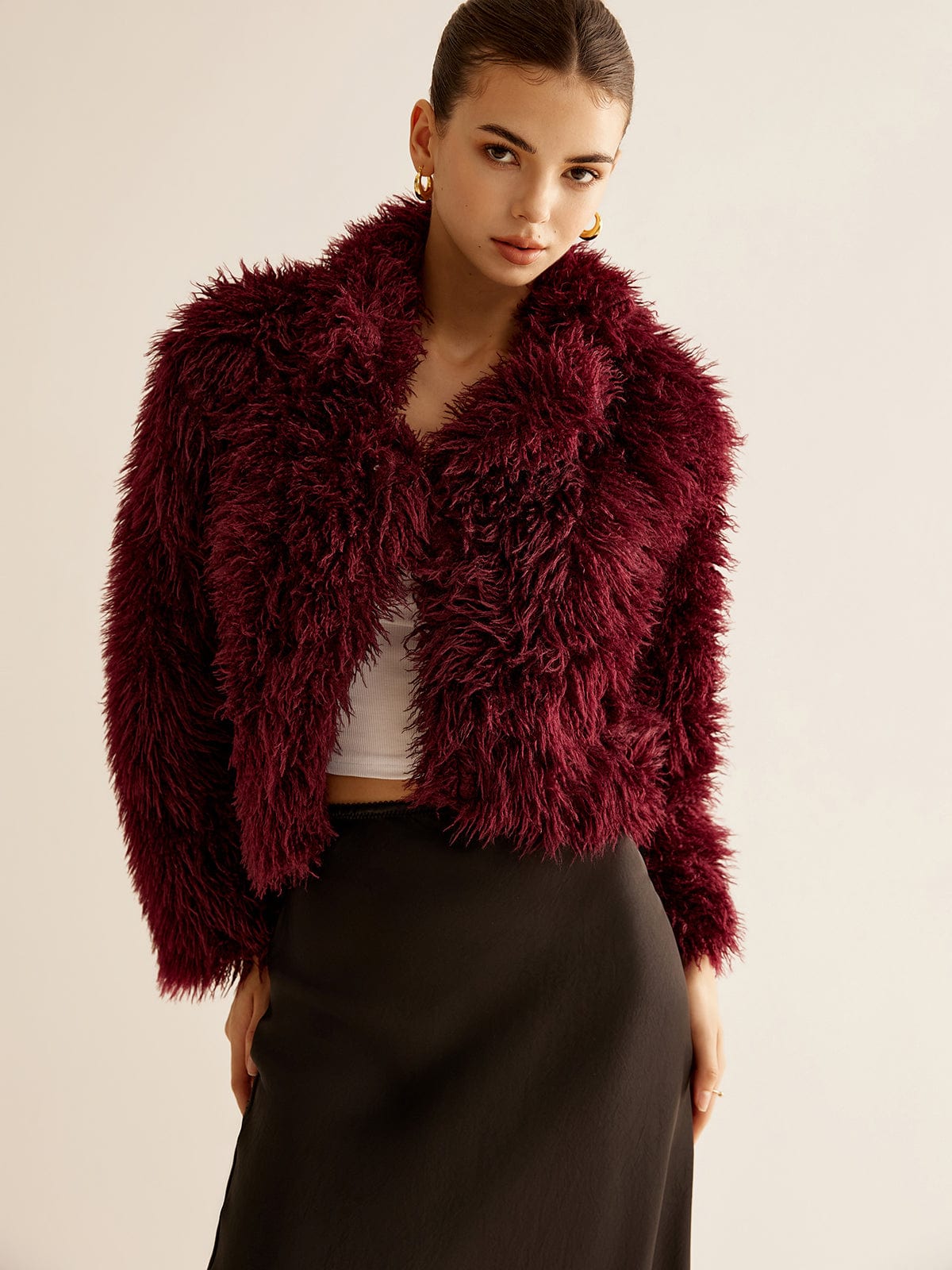 Manteau en Fausse Fourrure Rouge Bourgogne Courte Taille