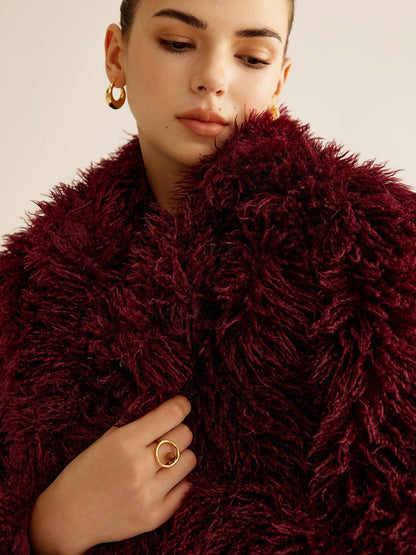 Manteau en Fausse Fourrure Rouge Bourgogne Courte Taille