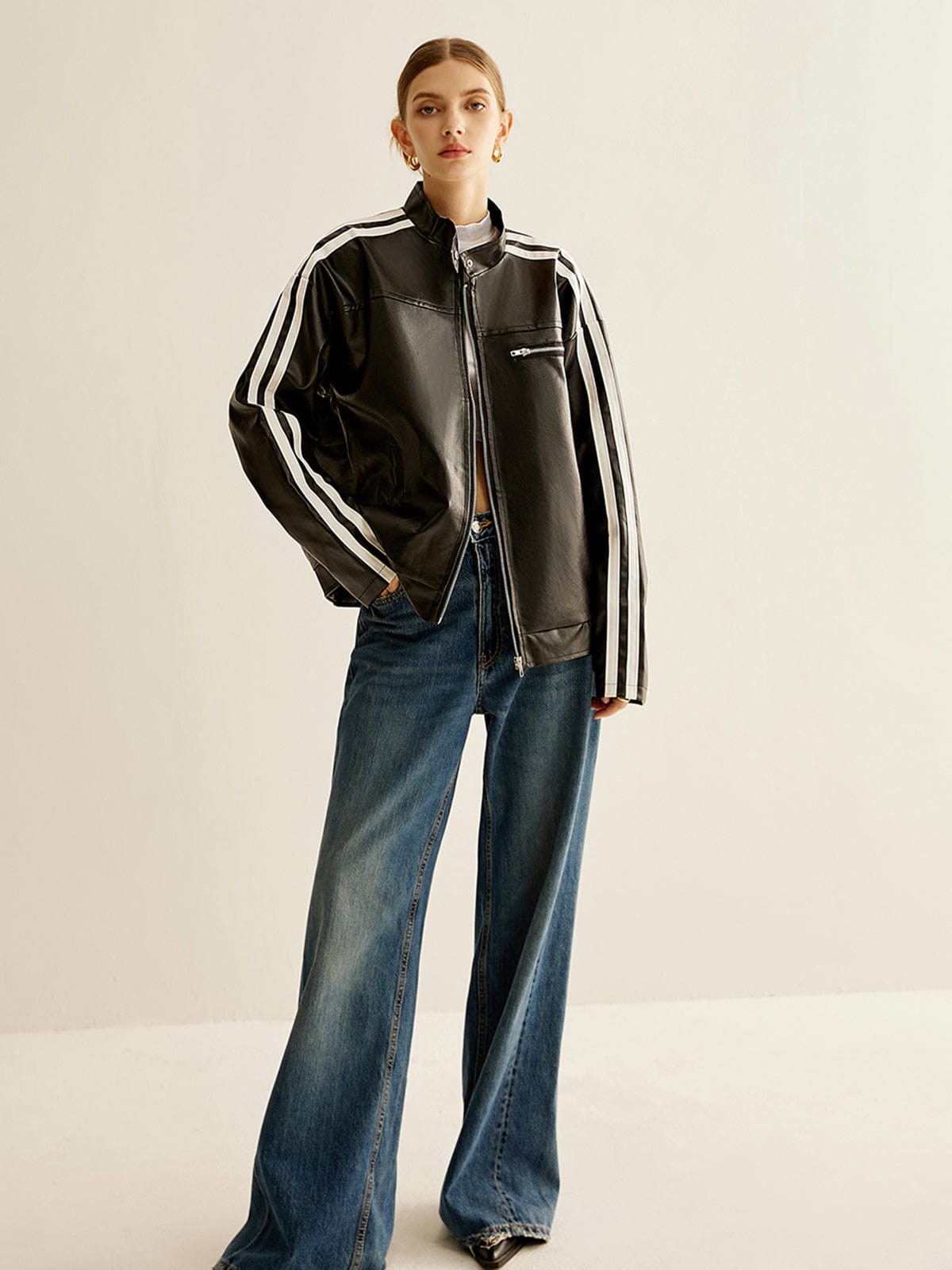 Blouson Cuir Noir Contraste Élégant