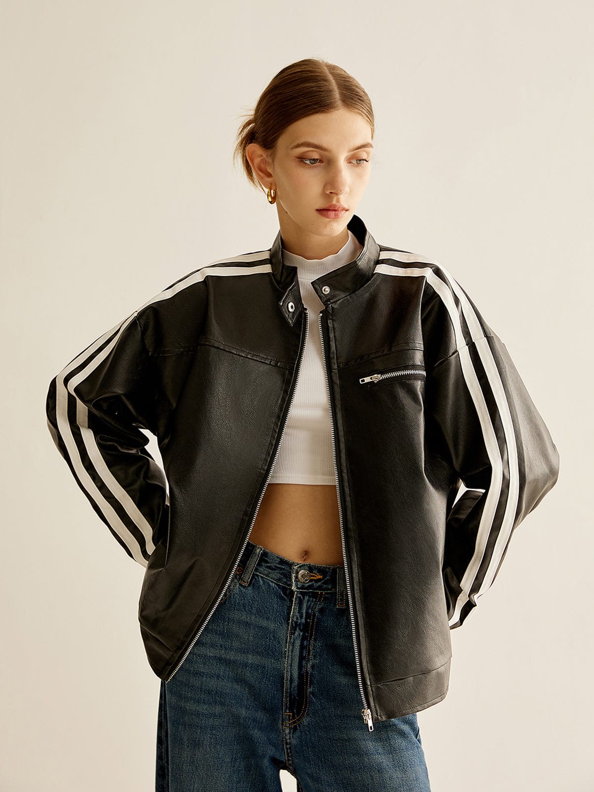 Blouson Cuir Noir Contraste Élégant - BerlinGlamour