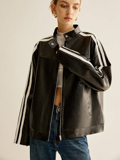 Blouson Cuir Noir Contraste Élégant