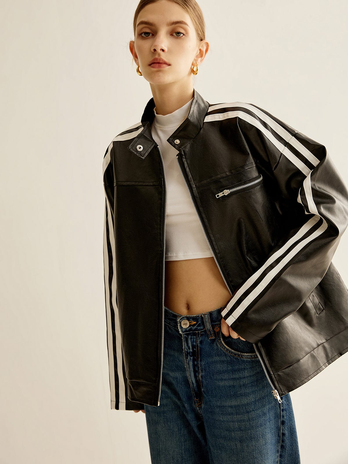 Blouson Cuir Noir Contraste Élégant