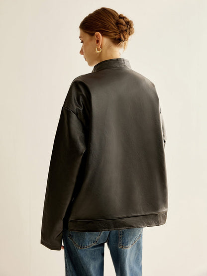 Blouson Cuir Noir Contraste Élégant