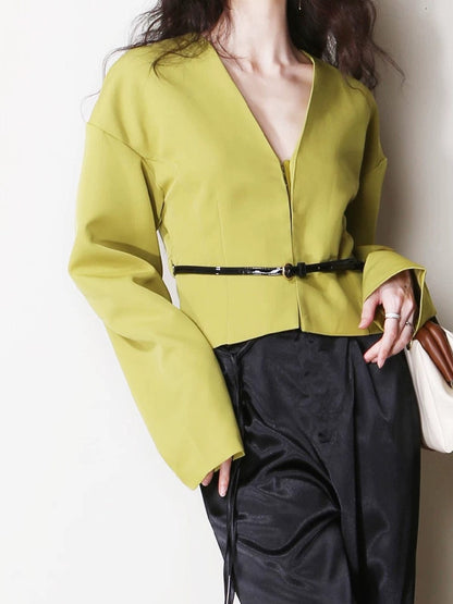 Blazer Femme V Décolleté Élégant avec Ceinture Fine