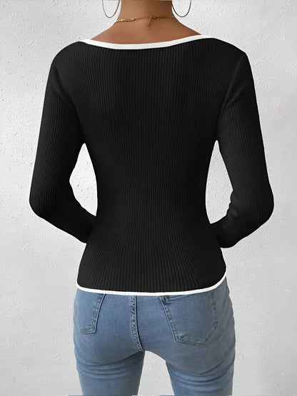 Pull Femme Hiver Col V Contraste Chic