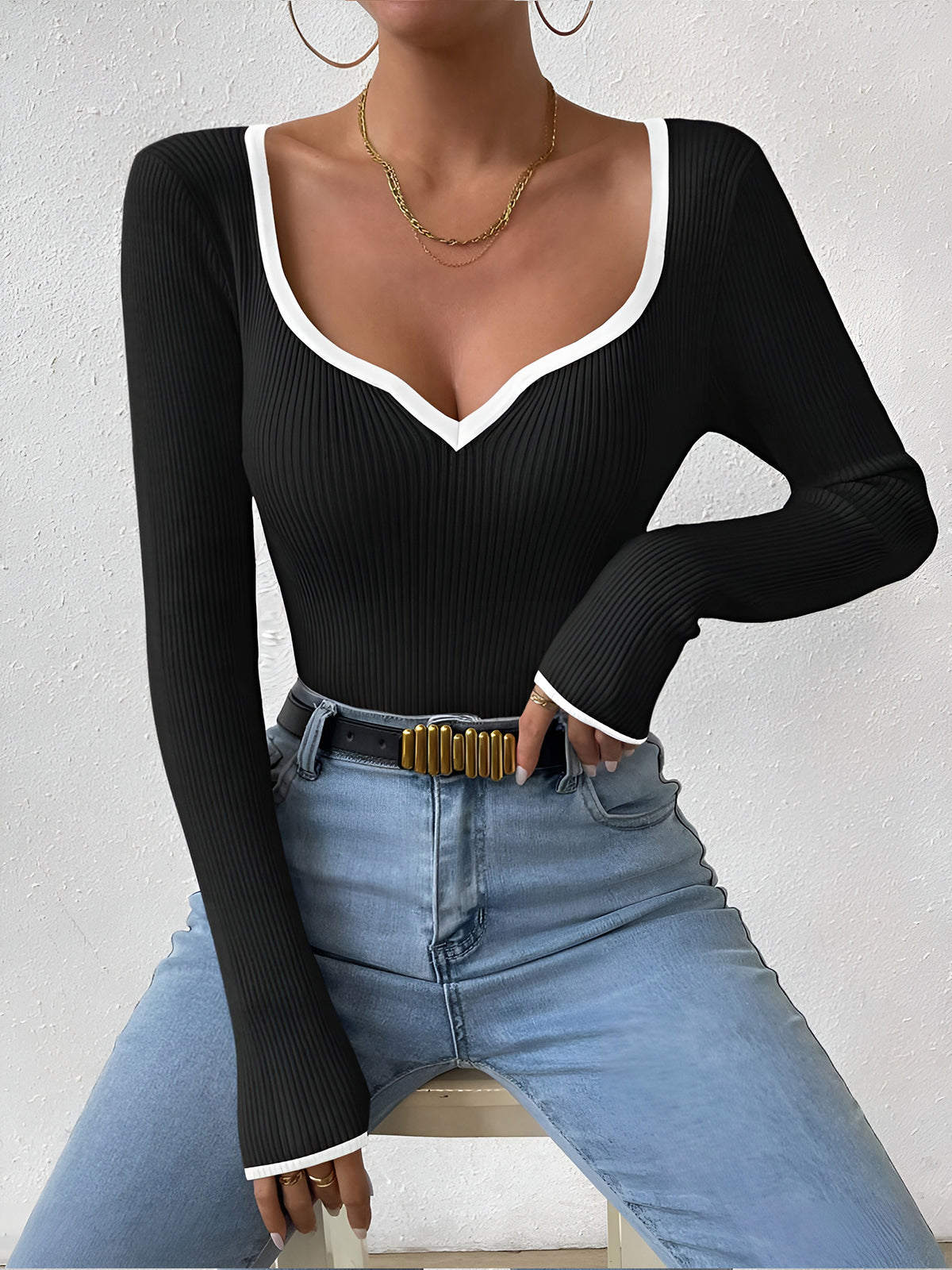 Pull Femme Hiver Col V Contraste Chic