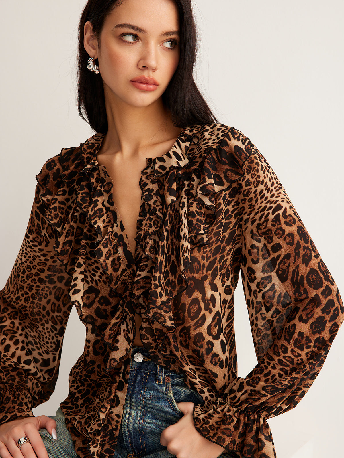 Blouse Femme Été Leopard Imprimé avec Col Froncé - BerlinGlamour