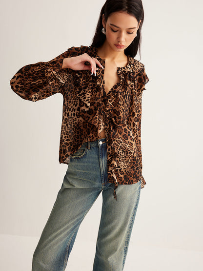 Blouse Femme Été Leopard Imprimé avec Col Froncé