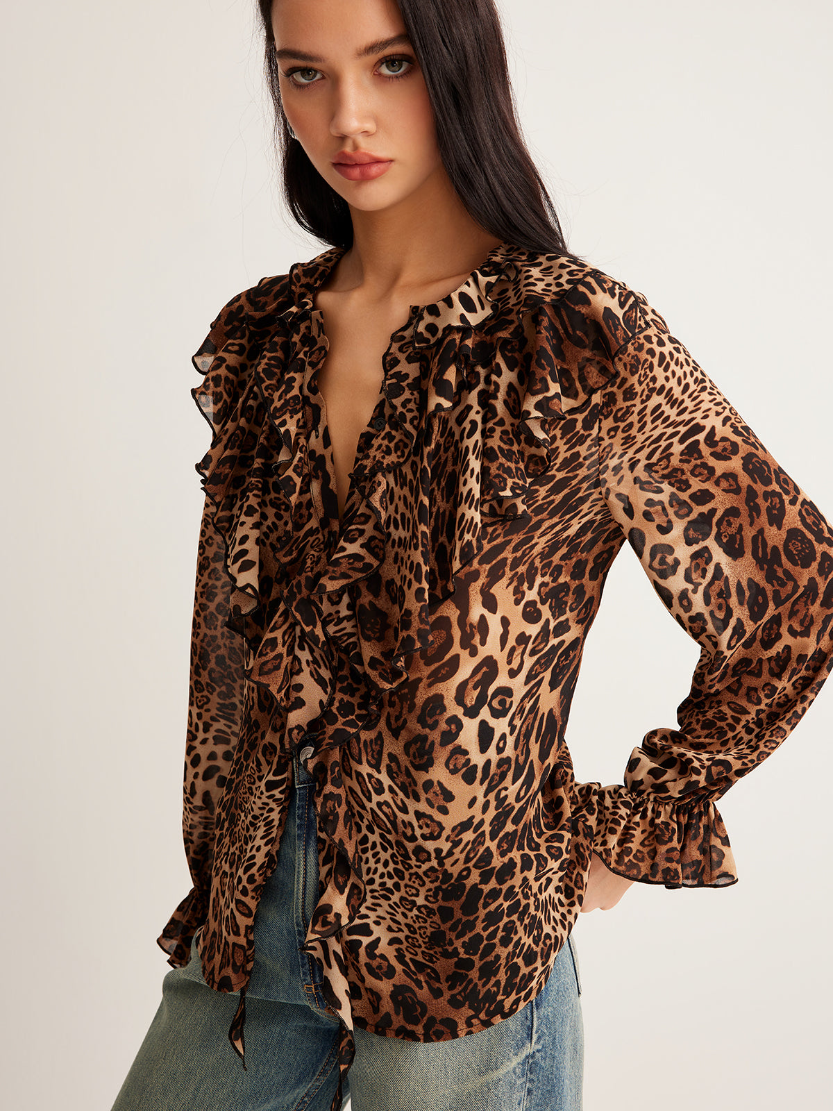 Blouse Femme Été Leopard Imprimé avec Col Froncé