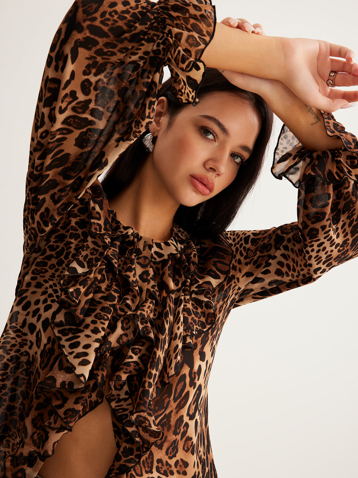 Blouse Femme Été Leopard Imprimé avec Col Froncé
