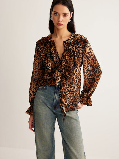 Blouse Femme Été Leopard Imprimé avec Col Froncé