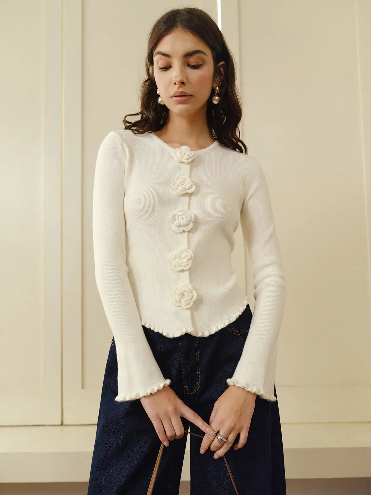 Cardigan Féminin Florale Confortable Beige - PanierRoyale
