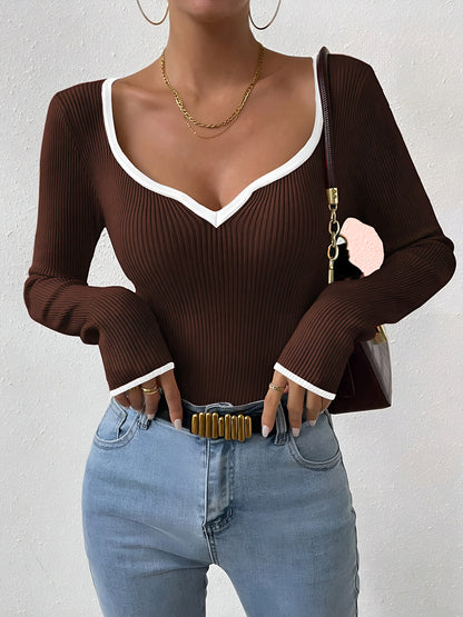 Pull Femme Hiver Col V Contraste Chic