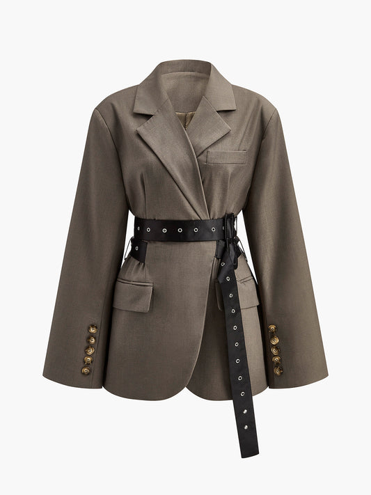 Blazer femme oversized vert olive avec ceinture taille - BerlinGlamour