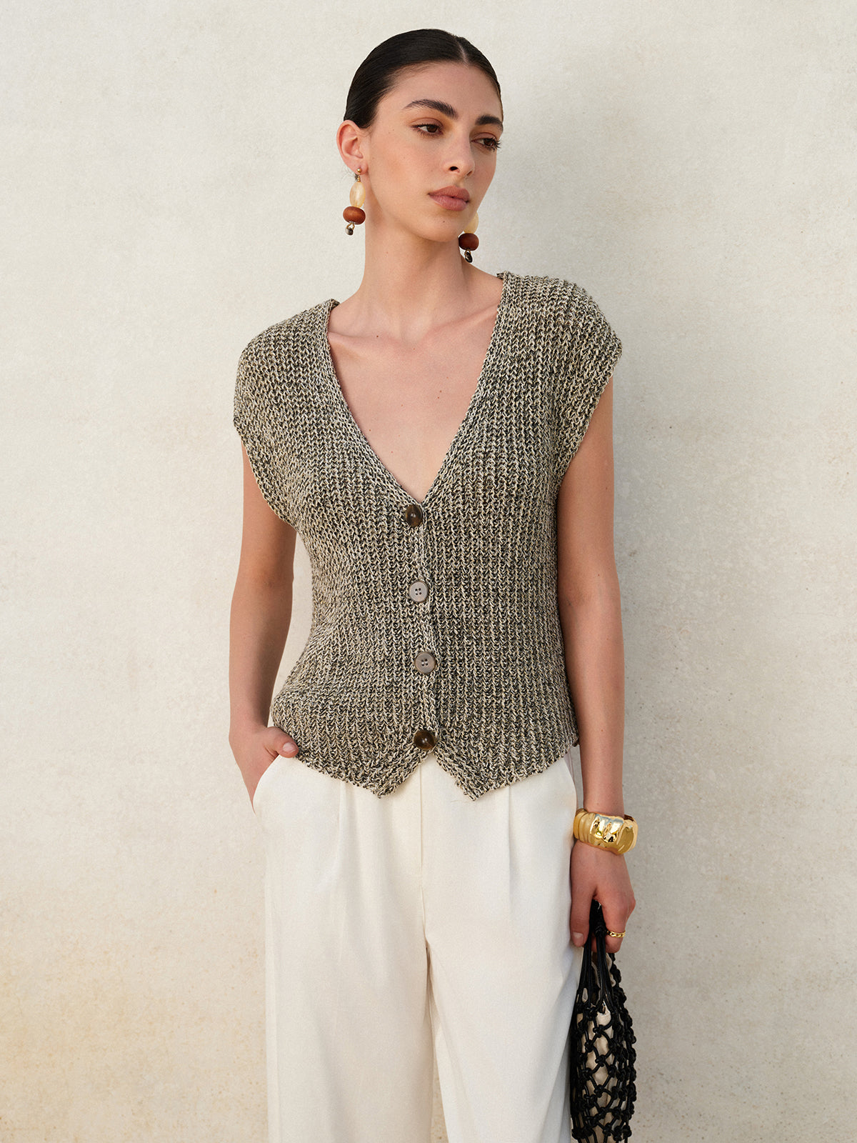 Gilet Sans Manches Femme Tricot Fermeture Boutonnée Coupe Courte