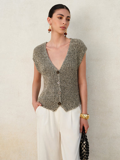 Gilet Sans Manches Femme Tricot Fermeture Boutonnée Coupe Courte
