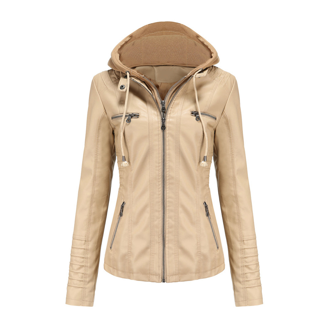 Blouson Motard Femme Cuir Synthétique avec Capuche