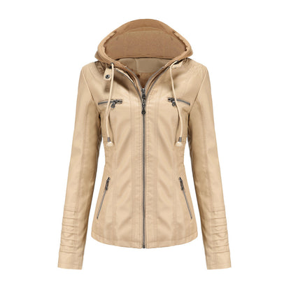 Blouson Motard Femme Cuir Synthétique avec Capuche