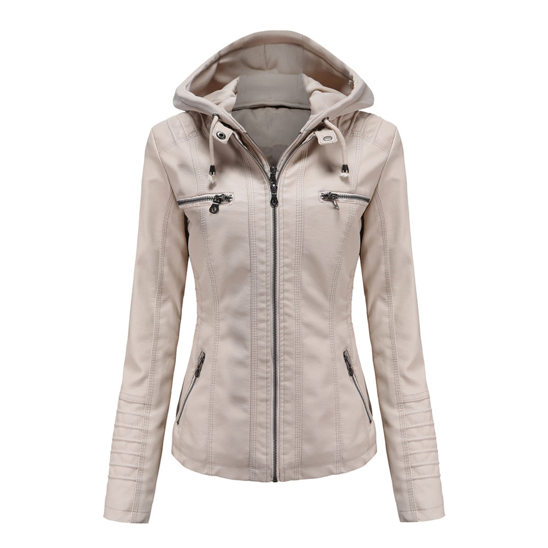 Blouson Motard Femme Cuir Synthétique avec Capuche