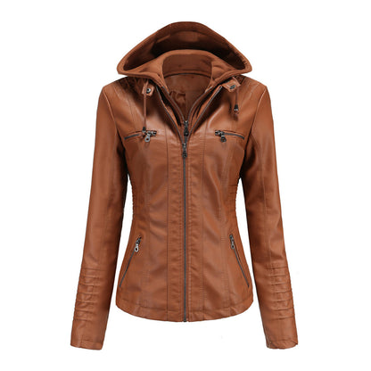 Blouson Motard Femme Cuir Synthétique avec Capuche
