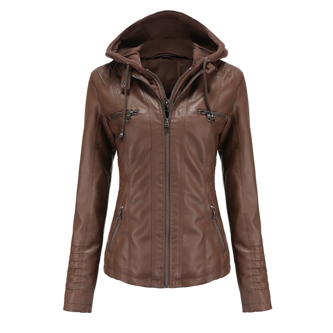 Blouson Motard Femme Cuir Synthétique avec Capuche