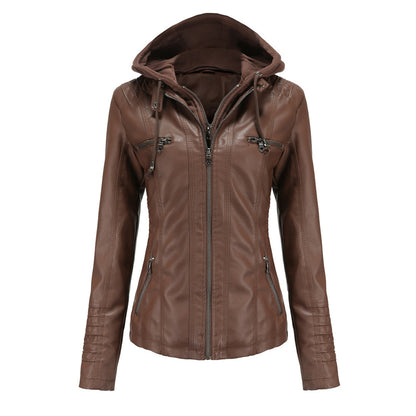 Blouson Motard Femme Cuir Synthétique avec Capuche