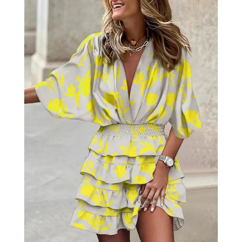 Robe Été Femme Col V Manches Courtes Élastique