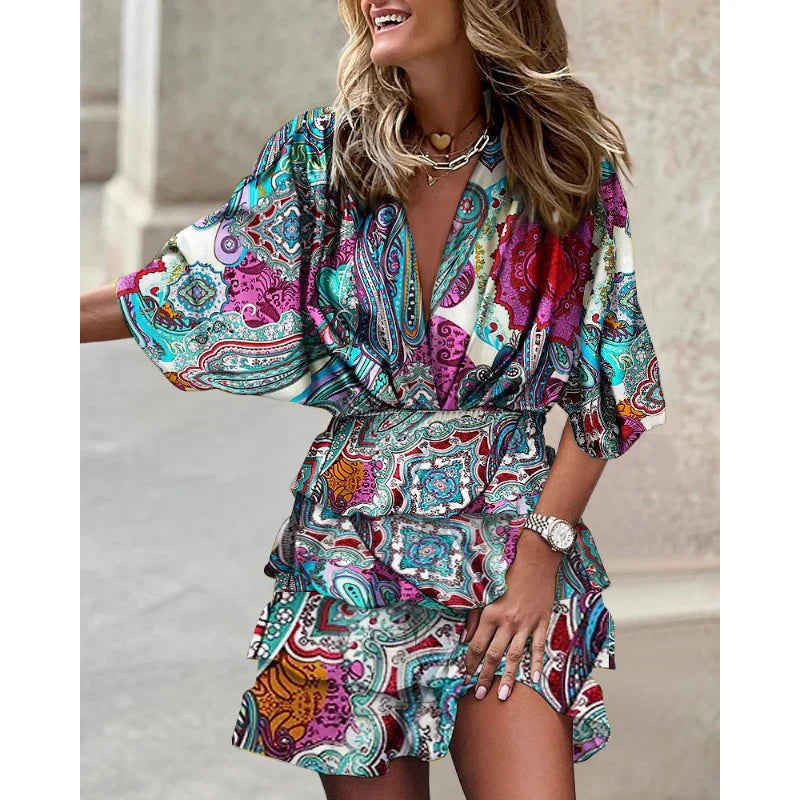Robe Été Femme Col V Manches Courtes Élastique